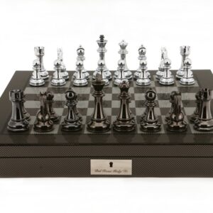 Dal Rossi Chess Set - Silver and Titanium Pieces on Polished Carbon Fibre Chess Board